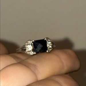 Black Spinel White Topaz Diamond 925 Sterling Silver Cushion Cut Ring Size 6